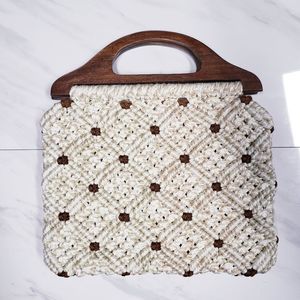 Vintage boho macrame crocheted wooden handle bag